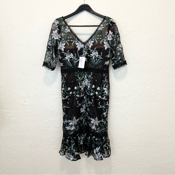 Marchesa Notte Black Floral Lace Embroidered Midi Dress 8 - Picture 11 of 13